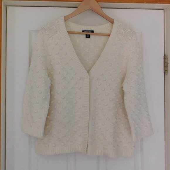 Land's End Womens Cardigan Sweater Ivory 3/4 Sleeve Textured Size Medium - Picture 1 of 7